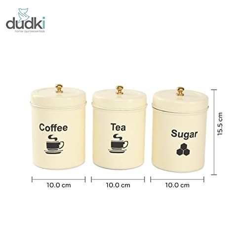 dudki Quoted Stainless Steel Round Canister/Kitchen Storage For Tea Coffee Sugar Pack Of 3 (Ivory) - Image 2