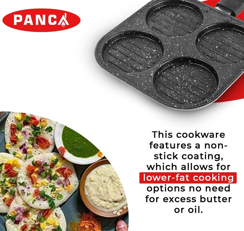 PANCA Non-Stick Grill Pan Mini Pan Uttapam Tawa Aluminum Multi Snack Maker 4 Cavity, Pancake Maker (Black, Pack of 1) - Image 4
