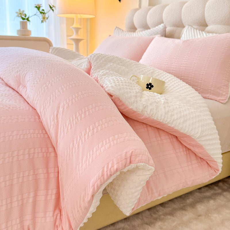 tohrisa Boho Comforter Set Full Size Striped Pleats Bohemian Seersucker Bedding Set All Season Soft Cozy 3 Pieces Quilt with 2 Pillowcases80X90 Blush Pink