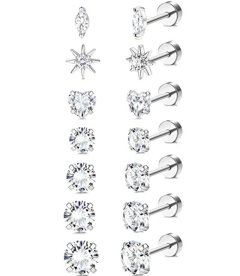 Incaton Hypoallergenic Flat Back Earrings for Women Silver 14K Gold Plated Surgical Stainless Steel Stud Earrings Cubic Zirconia Cartilage Studs Earrings For Multiple Piercing Sensitive Ears Silver - Image 1