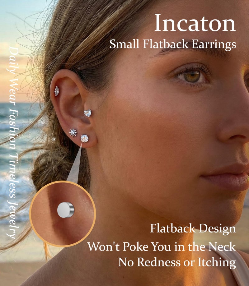 Incaton Hypoallergenic Flat Back Earrings for Women Silver 14K Gold Plated Surgical Stainless Steel Stud Earrings Cubic Zirconia Cartilage Studs Earrings For Multiple Piercing Sensitive Ears Silver - Image 5