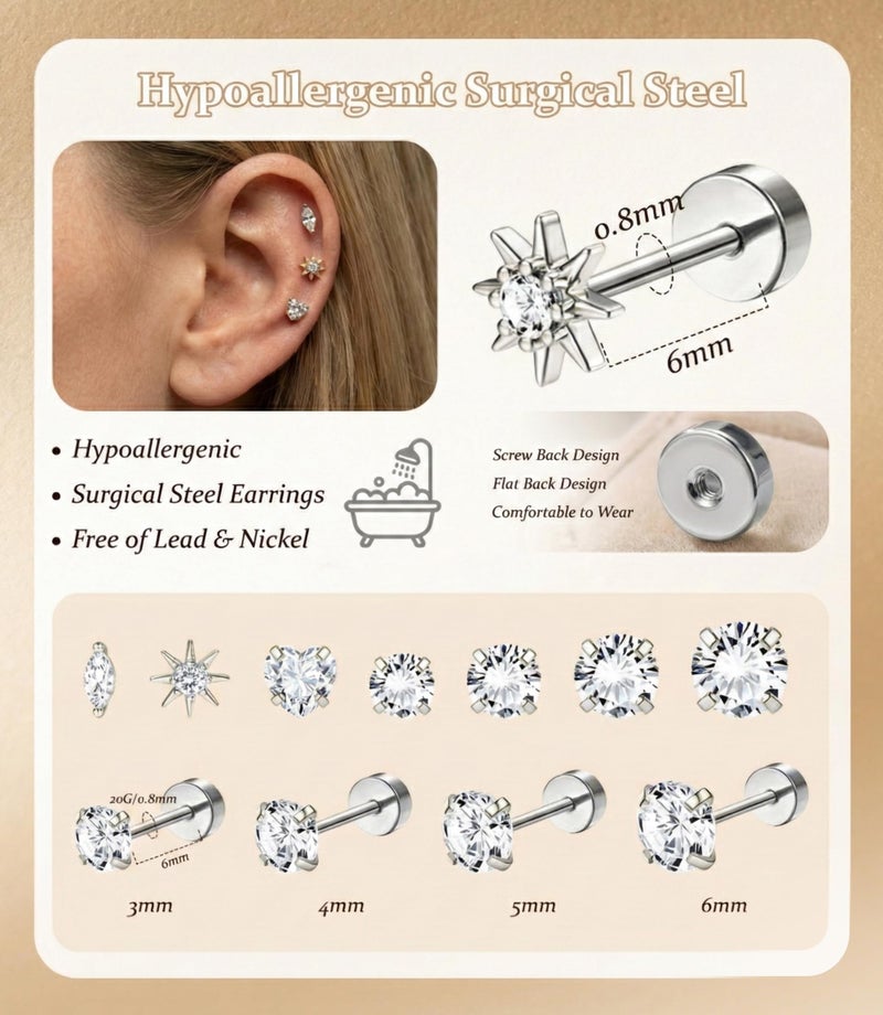 Incaton Hypoallergenic Flat Back Earrings for Women Silver 14K Gold Plated Surgical Stainless Steel Stud Earrings Cubic Zirconia Cartilage Studs Earrings For Multiple Piercing Sensitive Ears Silver - Image 3