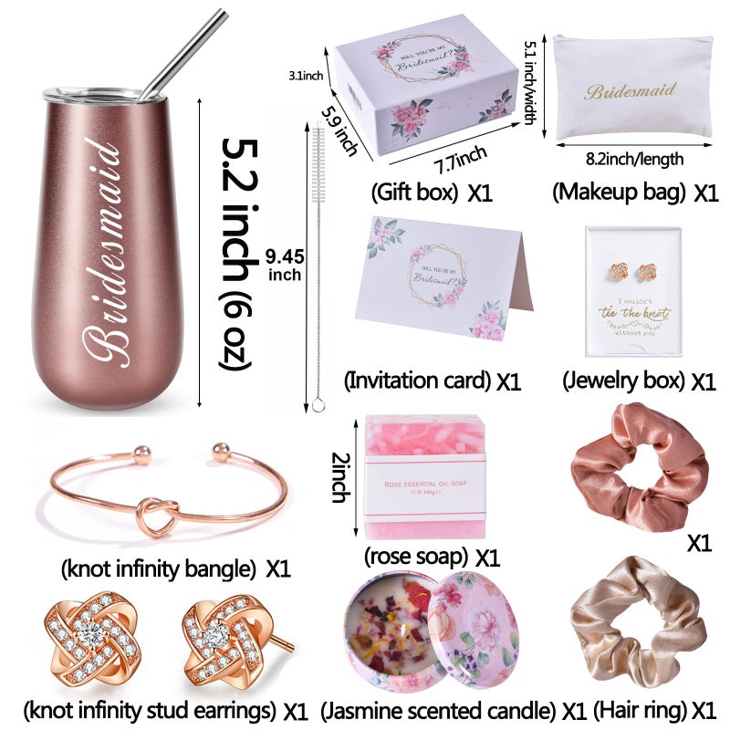 دي إتش كيو إتش Dhqh وصيفة الشرف اقتراح مجموعات صندوق الهدايا من العروس، هل ستكون وصيفة الشرف الخاصة بي، 6 أونصة من قبيلة العروس المصنوعة من الفولاذ المقاوم للصدأ نظارات الشمبانيا العازبة وحفلات السبا وهدايا الزفاف وحفلات الزفاف - Image 2