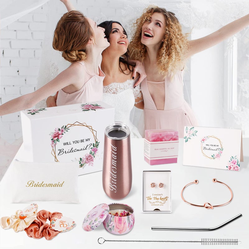 دي إتش كيو إتش Dhqh وصيفة الشرف اقتراح مجموعات صندوق الهدايا من العروس، هل ستكون وصيفة الشرف الخاصة بي، 6 أونصة من قبيلة العروس المصنوعة من الفولاذ المقاوم للصدأ نظارات الشمبانيا العازبة وحفلات السبا وهدايا الزفاف وحفلات الزفاف - Image 3