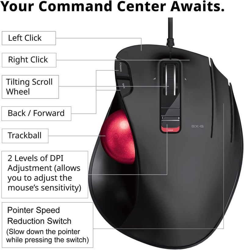 ELECOM EX-G Wired Trackball Mouse, Ergonomic Thumb Control, Smooth Tracking Roller Ball, 5 Programmable Buttons, Tilt Scroll, Computer Mice for PC Mac - Image 5