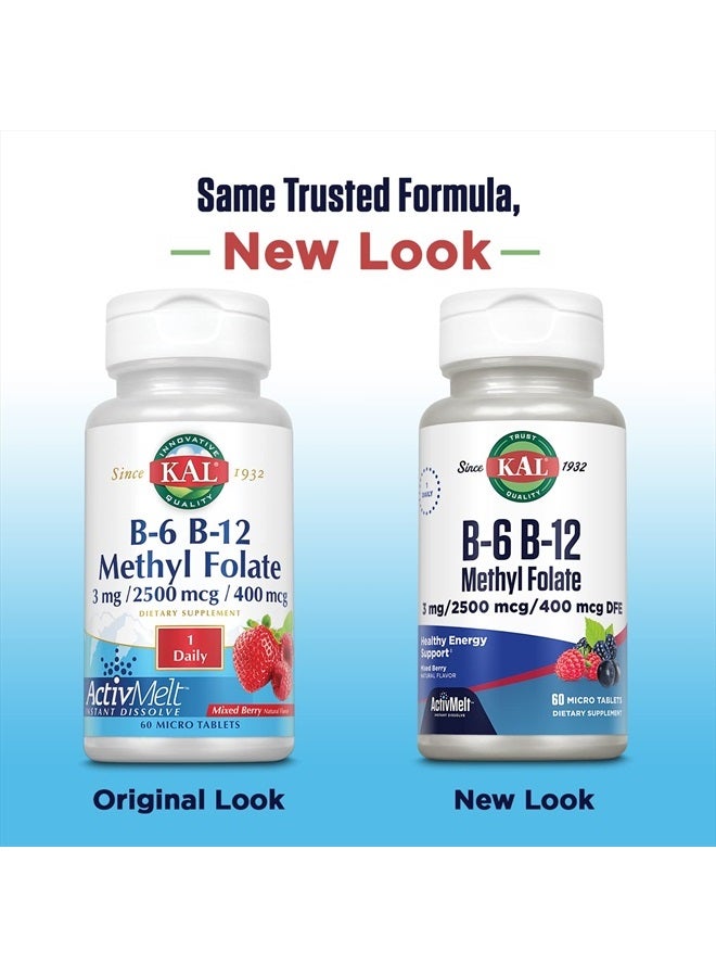 KAL Vitamin B-6 B-12 Methyl Folate ActivMelt, Vitamin B Supplement, Heart Health, Energy and Red Blood Cell Support with Methyl B12 and DFE Folic Acid, Natural Berry Flavor, 60 Servings, 60 Micro Tabs - Image 3