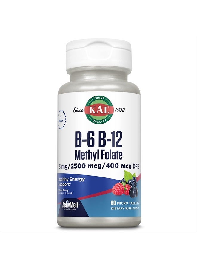 KAL Vitamin B-6 B-12 Methyl Folate ActivMelt, Vitamin B Supplement, Heart Health, Energy and Red Blood Cell Support with Methyl B12 and DFE Folic Acid, Natural Berry Flavor, 60 Servings, 60 Micro Tabs - Image 1