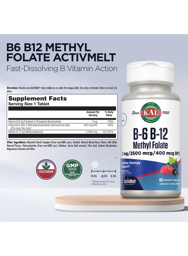 KAL Vitamin B-6 B-12 Methyl Folate ActivMelt, Vitamin B Supplement, Heart Health, Energy and Red Blood Cell Support with Methyl B12 and DFE Folic Acid, Natural Berry Flavor, 60 Servings, 60 Micro Tabs - Image 2