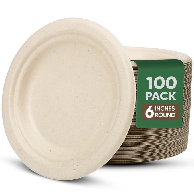 PAPER PLATES 6 INCHES 100 PACK DISPOSABLE PLATES 100 COMPOSTABLE PLATES WATER OIL PROOF DESSERT PLATES MICROWAVABLE SMALL PAPER PLATES PERFECT PAPER PLATE FOR PARTY BROWN