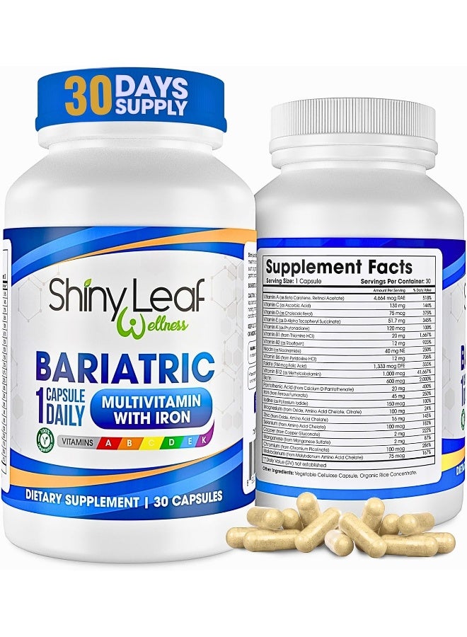 Shiny Leaf فيتامينات متعددة لعلاج السمنة مع الحديد - 45 ملغ لجراحة تحويل المعدة، قص المعدة، روكس-إن-واي، تحويل الاثني عشر - 22 فيتامينات ومعادن، متوافقة مع ASMB، نباتية، مصنوعة في الولايات المتحدة، GMP، 30 حبة. - Image 1