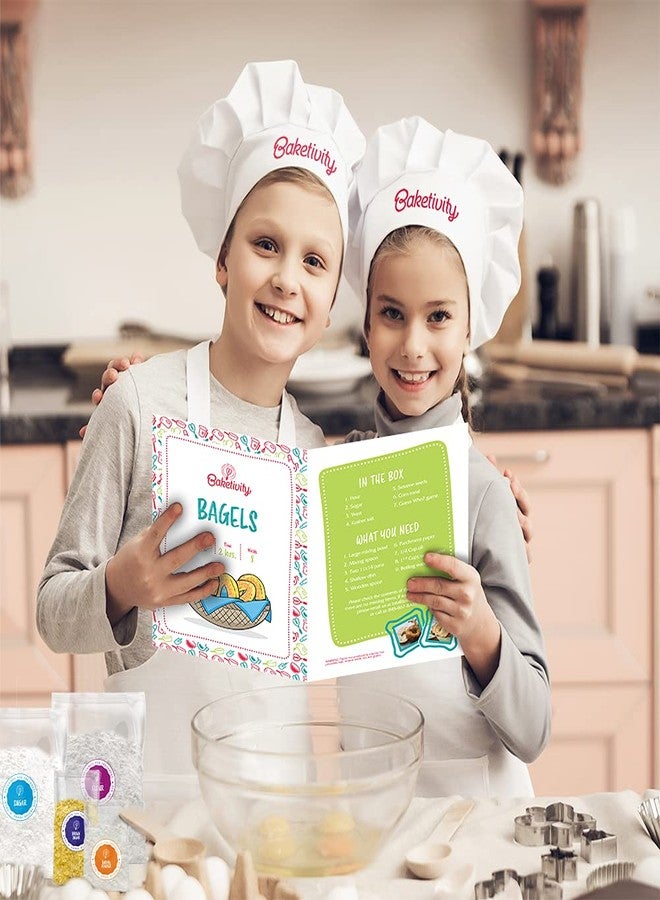 Baketivity Kids Baking Set, Meal Cooking Party Supply Kit for Teens, Real Fun Little Junior Chef Essential Kitchen Lessons, Includes Pre-Measured Ingredients (Kit + Hat & Apron, Bagels) - Image 5