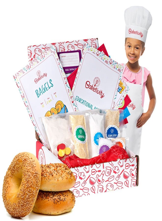 Baketivity Kids Baking Set, Meal Cooking Party Supply Kit for Teens, Real Fun Little Junior Chef Essential Kitchen Lessons, Includes Pre-Measured Ingredients (Kit + Hat & Apron, Bagels) - Image 1