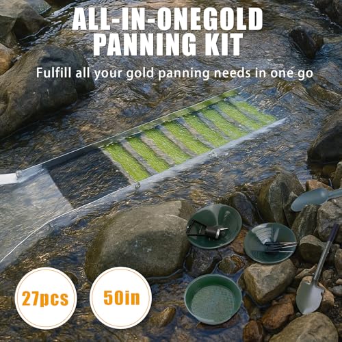 WodGod 27pcs Complete Gold Panning Kit with 50" Folding Sluice Box, Portable Aluminum Alloy Mining Equipment for Adults, Includes Gold Pan, Classifier Screen, Separating Magnet, Backpack & Accessories - Image 2