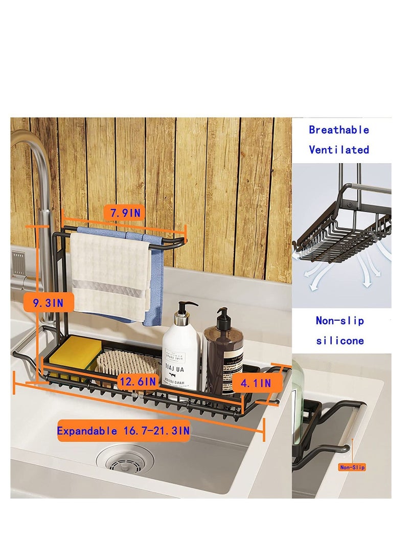 EMZJ 4-in-1 Dish Sponges Brush Soap Holder with Towels Drying Rack for Kitchen Expandable (16.7"-21.3") Sink Caddy Organizers J002 - Image 3