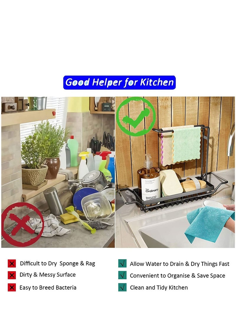 EMZJ 4-in-1 Dish Sponges Brush Soap Holder with Towels Drying Rack for Kitchen Expandable (16.7"-21.3") Sink Caddy Organizers J002 - Image 4