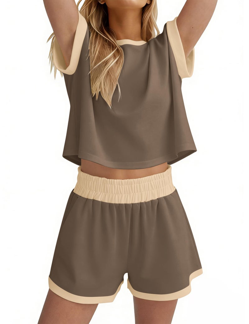 MISSACTIVER 2 Piece Lounge Set Women Stripe Knit Short Sleeve Tee Shirts Shorts Casual Summer Loungewear Shorts Sets - Image 1