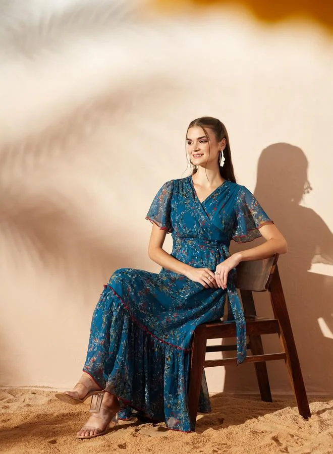 Miss Chase Teal Leaf Print V Neck A-Line Maxi Dress