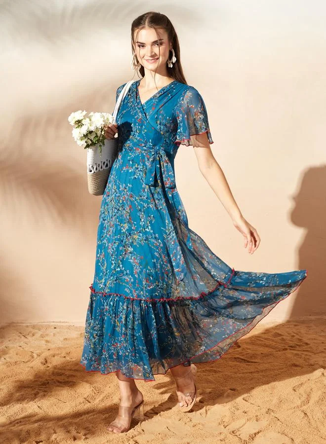 Miss Chase Teal Leaf Print V Neck A-Line Maxi Dress