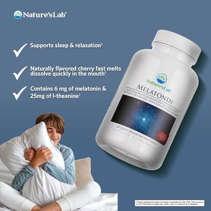 Nature's Lab Fast Melt Melatonin Tablets - 25 mg of L-Theanine + 6mg of Melatonin - 60 Count - Image 2
