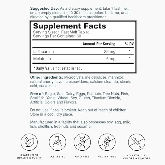 Nature's Lab Fast Melt Melatonin Tablets - 25 mg of L-Theanine + 6mg of Melatonin - 60 Count - Image 5