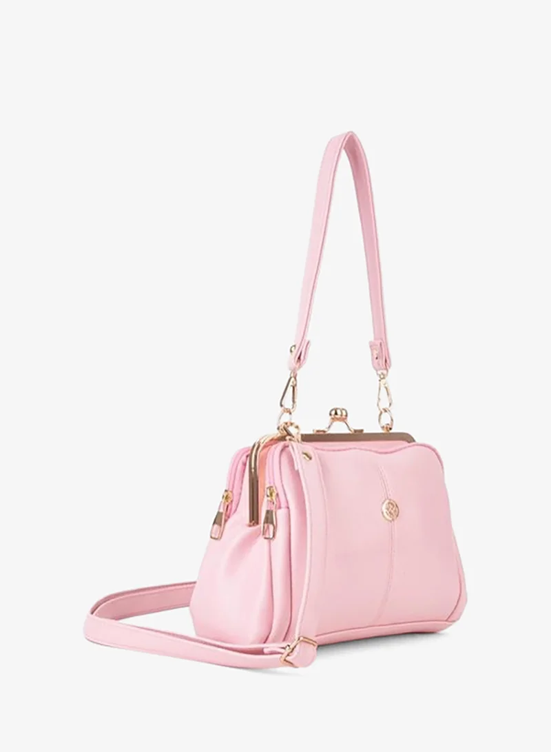Women's Butterfly Pink Gold-Accented 4-Compartment Buckle and Zipper Closure Hand, Arm, and Shoulder Bag.