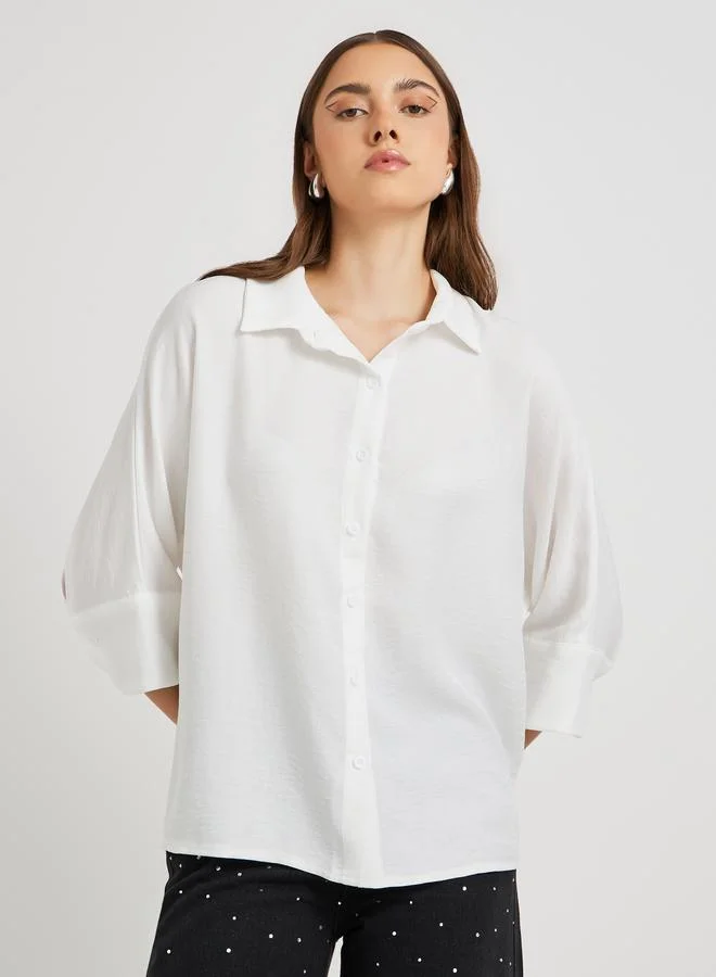 تايك تو Take Two Solid Spread Collar Oversized Shirt