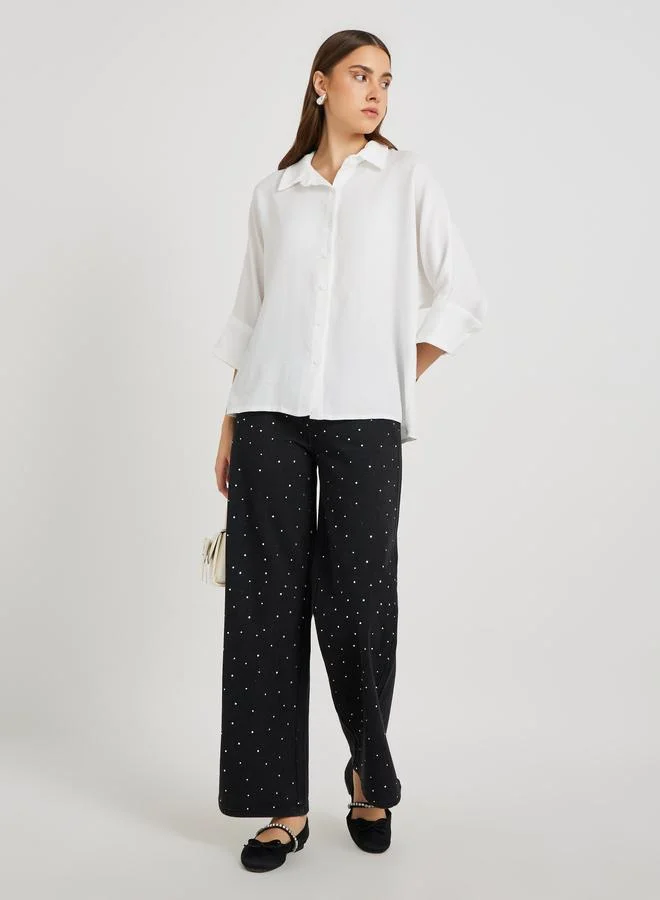 تايك تو Take Two Solid Spread Collar Oversized Shirt