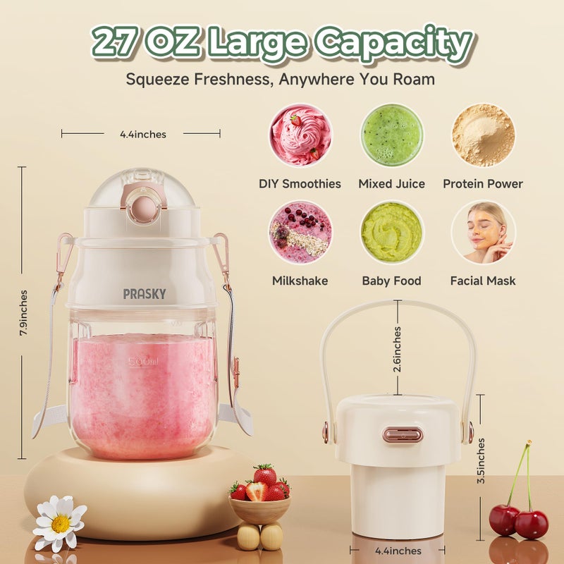 Prasky Portable Blender, Prasky Personal Blenders for Shakes and Smoothies with 27oz Cup, Lid and Shoulder Strap, Type-C USB Rechargeable, Personal Size Blenders BPA-free for Travel/Kitchen(Creamy White) - Image 3
