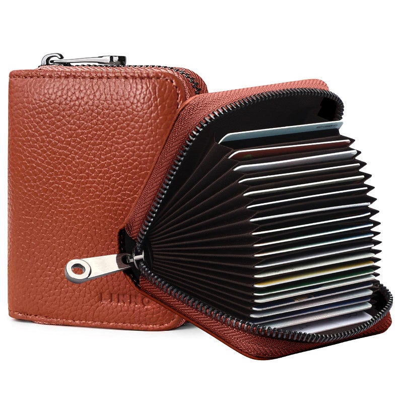 Linno RFID 20 Slots Credit Card Holder Genuine Leather Small Wallet for Women or Men with Zipper - Image 1