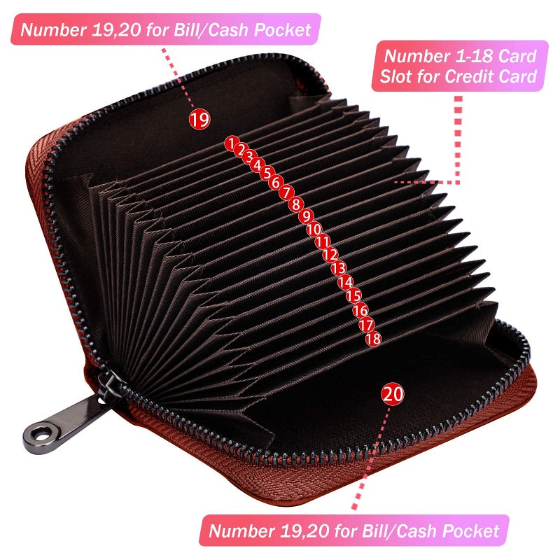 Linno RFID 20 Slots Credit Card Holder Genuine Leather Small Wallet for Women or Men with Zipper - Image 2