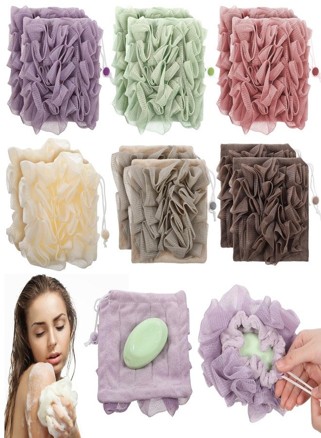 SHENLIU 12 Pack Loofah Washcloth Soap Bar Loofah, 2 in 1 Drawstring Exfoliation Bath Sponge with Bar Soap Pocket Exfoliation Mesh Shower Puff Ball Bath Shower Body Wash Cleansing Smooth Skin - Image 1