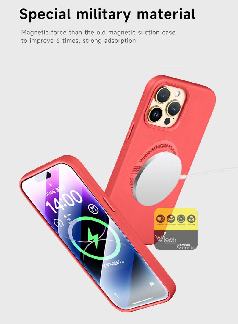 Luxury Leather MagSafe Magnetic Wireless Charging And Shockproof Case Cover For Apple iPhone 14 Pro Max 6.7 Inch Red