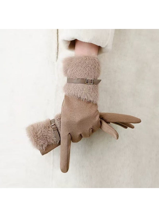 womens Water Repellent Touchscreen Stretch  Faux Fur Cuff Gloves - Image 1