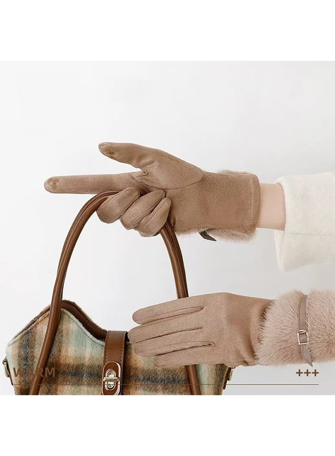 womens Water Repellent Touchscreen Stretch  Faux Fur Cuff Gloves - Image 2