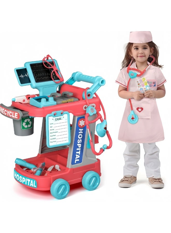 LBMT Doctor Kit for Kids, Pretend Doctor Playset for Toddlers with Cart, Costume and Stethoscope, Role Play Medical Toy for Girls Boys Toddlers 3-8 Birthday Gifts (Pink) - Image 1
