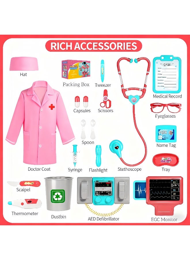 LBMT Doctor Kit for Kids, Pretend Doctor Playset for Toddlers with Cart, Costume and Stethoscope, Role Play Medical Toy for Girls Boys Toddlers 3-8 Birthday Gifts (Pink) - Image 2