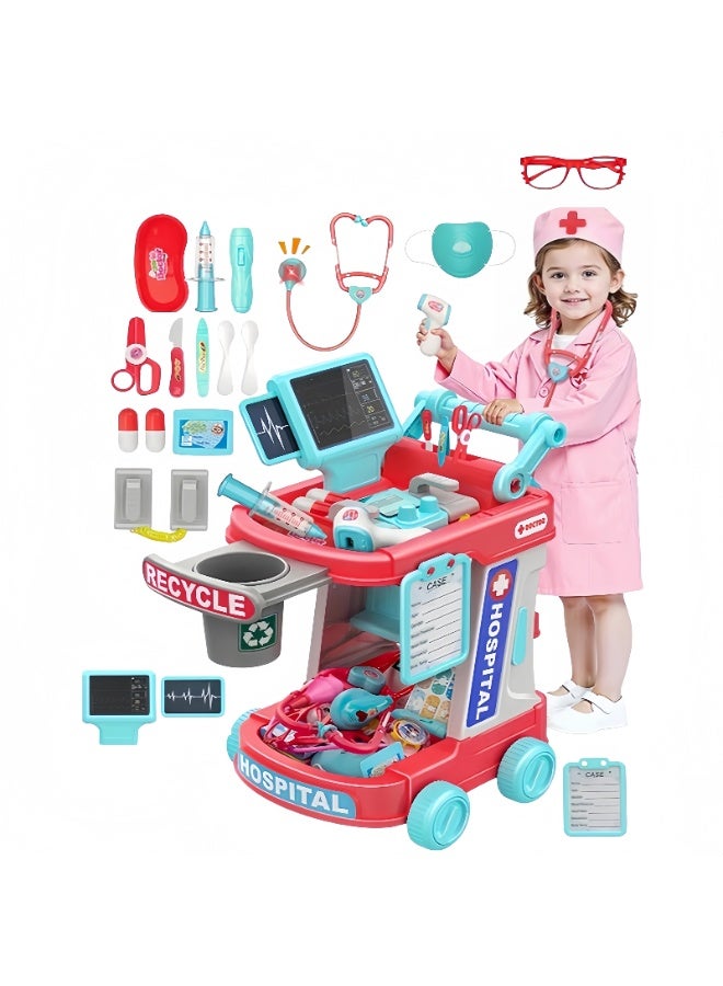 LBMT مجموعة أدوات الطبيب للأطفال، مجموعة ألعاب الطبيب التظاهري للأطفال الصغار مع عربة وأزياء وسماعة طبية، لعبة طبية للعب الأدوار للفتيات والأولاد الصغار من سن 3 إلى 8 سنوات هدايا عيد الميلاد (وردي) - Image 1