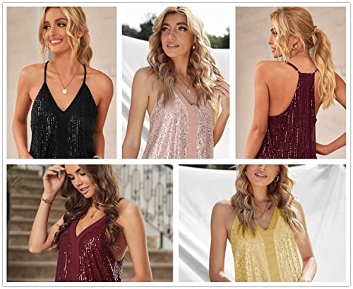lime flare Women Sexy V Neck Sparkle Shimmer Cami Tank Tops Dressy Sequin Tee Shirt Camisole (X-Large,D# Black Sequin Racerback) - Image 4