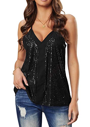 lime flare Women Sexy V Neck Sparkle Shimmer Cami Tank Tops Dressy Sequin Tee Shirt Camisole (X-Large,D# Black Sequin Racerback) - Image 1