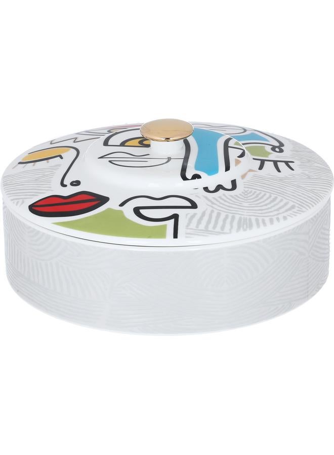 Alsaif Saheel Porcelain Serving Tray 18 X 18 X 7.6 Cm Round With Lid Medium Gemini Pattern White - Image 1