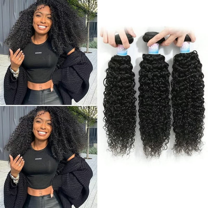 Kinky Curly Human Hair Bundles Thick Curly Weave Bundles Virgin Hair Bundles Full Head Hair Natural Black Color Hair Bundles Can Be Dyed 3 Bundles Total 300g 16 16 16 Inch