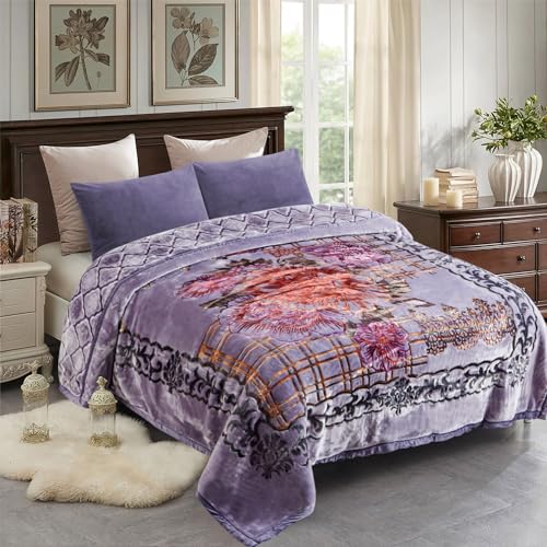 JML Korean Style Mink Blanket Heavy King Size 87" x 94", 10.5 Pounds Plush Fleece Blankets for Winter- Silky Soft and Warm, 2 Ply A&B Printed Embossed Raschel Bed Blanket (Peony Grey-Blue) - Image 1