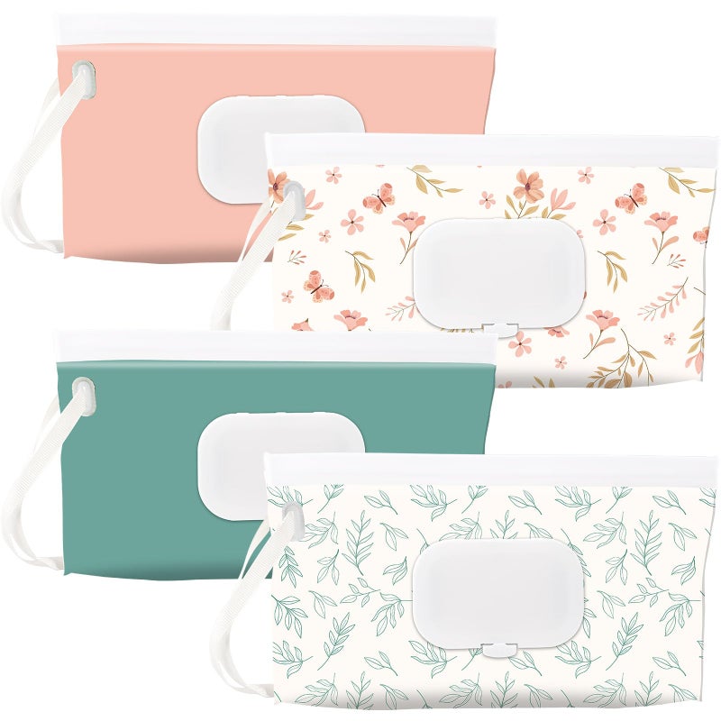 FEBSNOW 4 Pack Baby Wipes Dispenser Holder Portable Refillable Baby Wet Wipes Pouch Container Reusable Travel Case for Outdoor Hiking Green Leaves - Image 2
