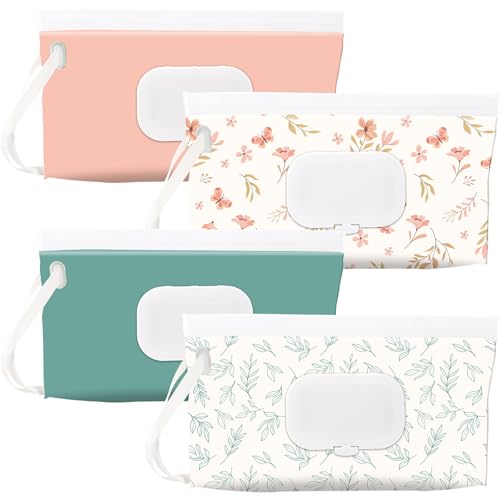 FEBSNOW 4 Pack Baby Wipes Dispenser Holder Portable Refillable Baby Wet Wipes Pouch Container Reusable Travel Case for Outdoor Hiking Green Leaves - Image 1