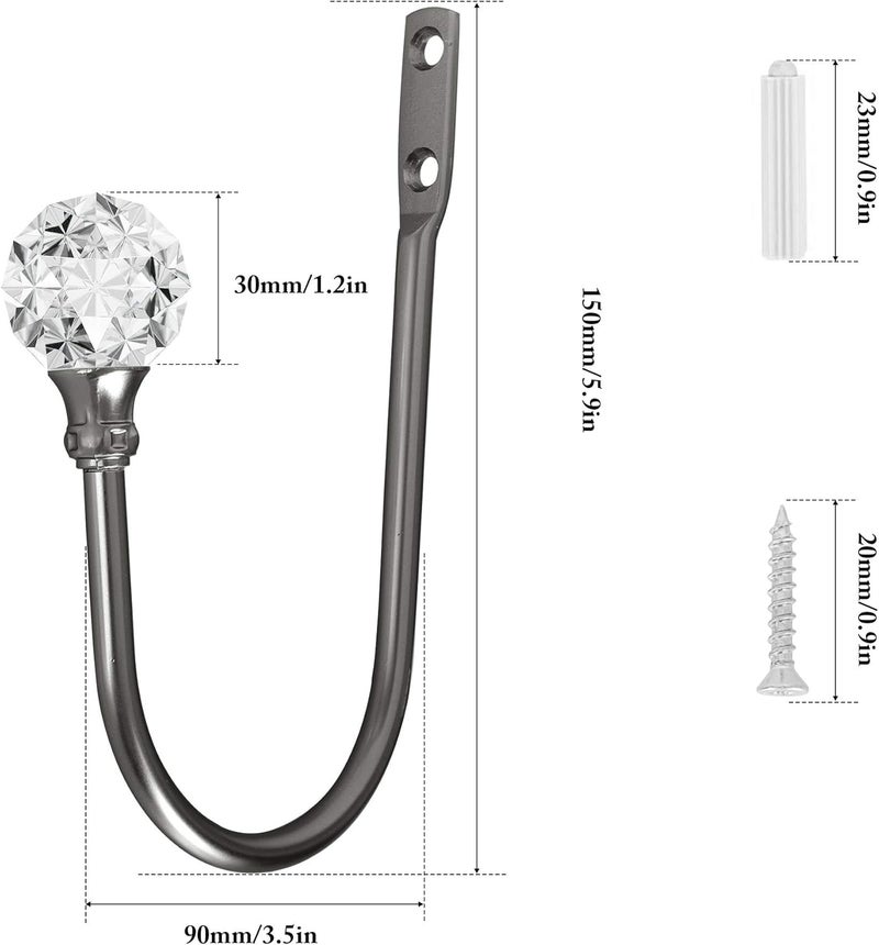 HEMOUR Curtain Holdback, 4Pcs Wall Mounted Drapery Tiebacks with Clear Crystal Ball, Heavy Duty Metal Decorative Window Drapery Curtain Holder Curtain Hooks with Screws, Matt Black - Image 3