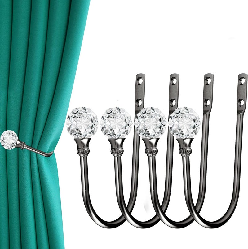 HEMOUR Curtain Holdback, 4Pcs Wall Mounted Drapery Tiebacks with Clear Crystal Ball, Heavy Duty Metal Decorative Window Drapery Curtain Holder Curtain Hooks with Screws, Matt Black - Image 1