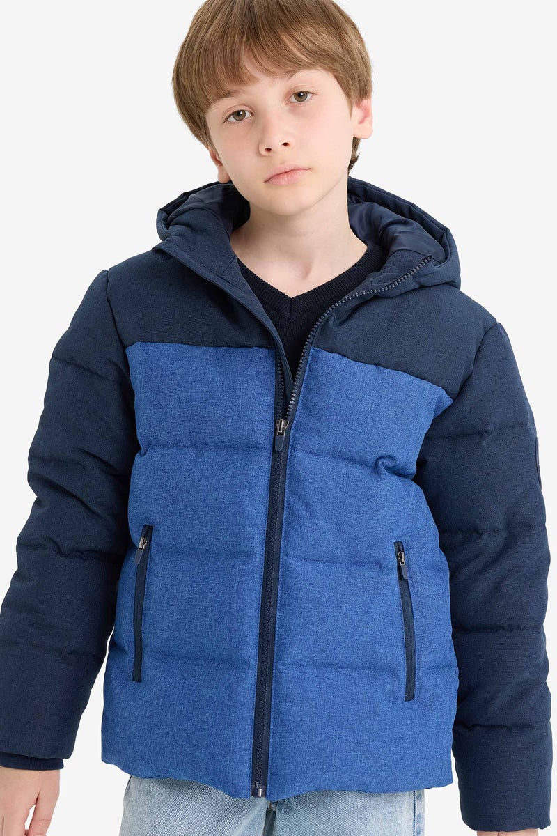 DeFacto Blue Boy Boy Waterproof Hooded Zippered Puffer Jacket Casual - Image 1