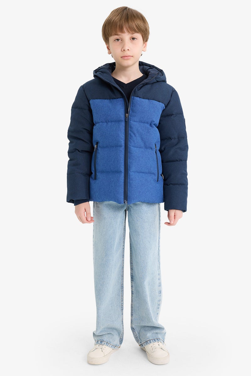 DeFacto Blue Boy Boy Waterproof Hooded Zippered Puffer Jacket Casual - Image 2