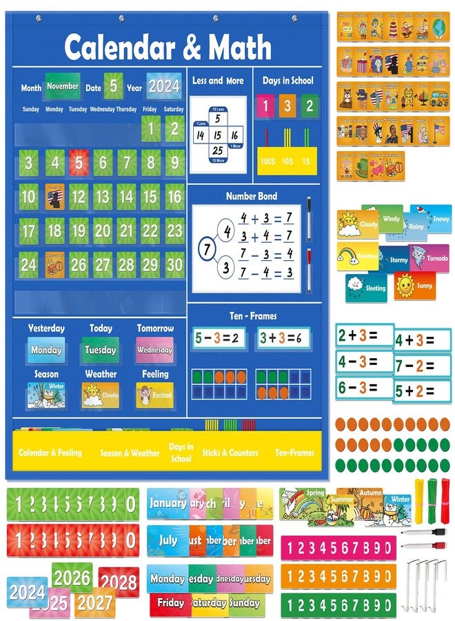 SkilLify Circle Time Calendar Pocket Chart for Classroom, Kids Learning Center with Weather Seasons Emotions & Math Activities, Addition Subtraction Manipulatives, Preschool Homeschool Supplies - Image 1