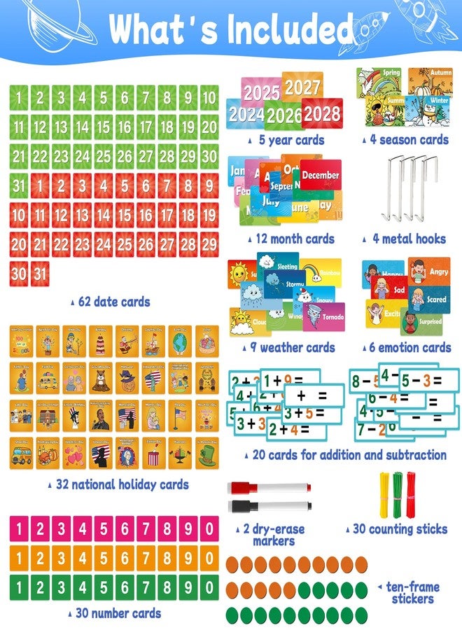 SkilLify Circle Time Calendar Pocket Chart for Classroom, Kids Learning Center with Weather Seasons Emotions & Math Activities, Addition Subtraction Manipulatives, Preschool Homeschool Supplies - Image 2